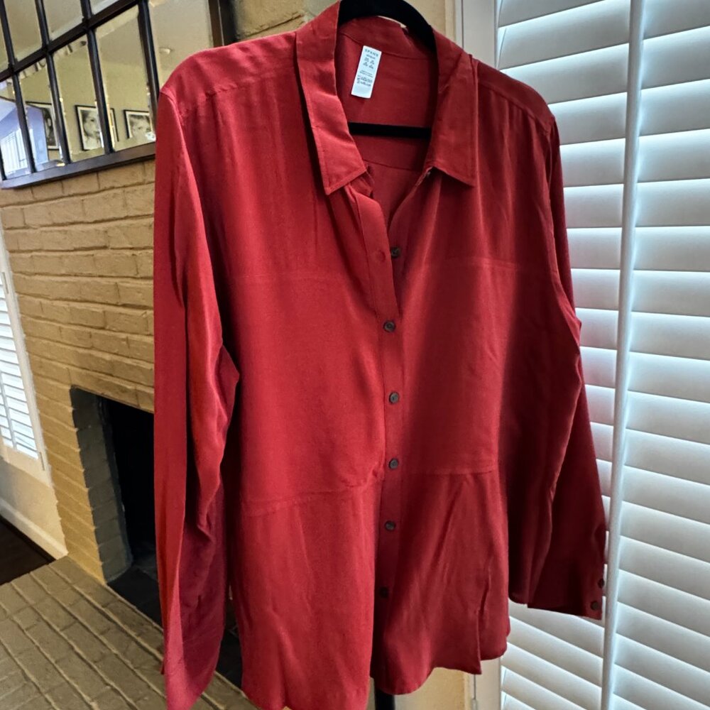 Spanx 100% Silk Rust Long Sleeve Button Down - image 1